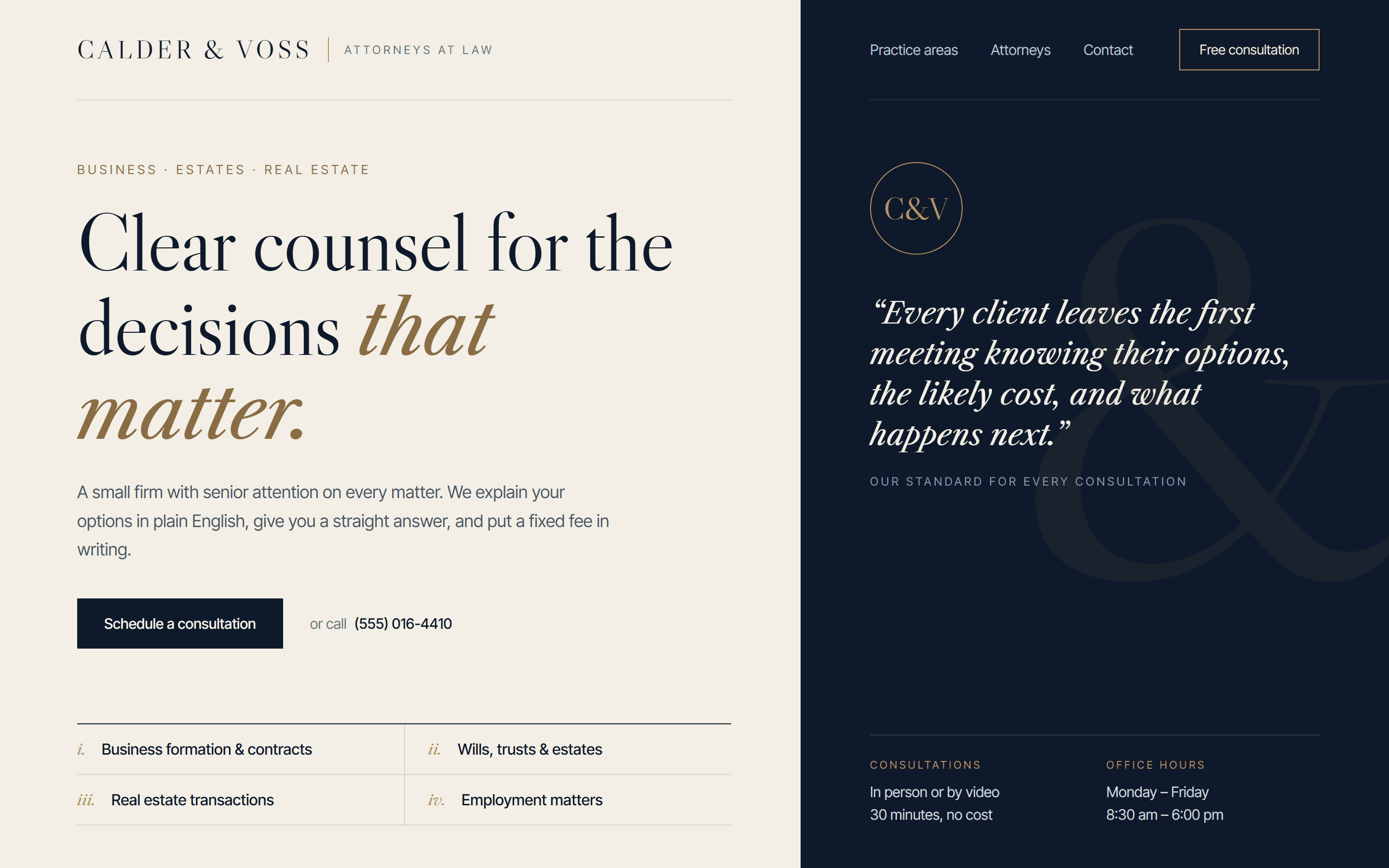Concept homepage for Calder & Voss, a fictional law firm