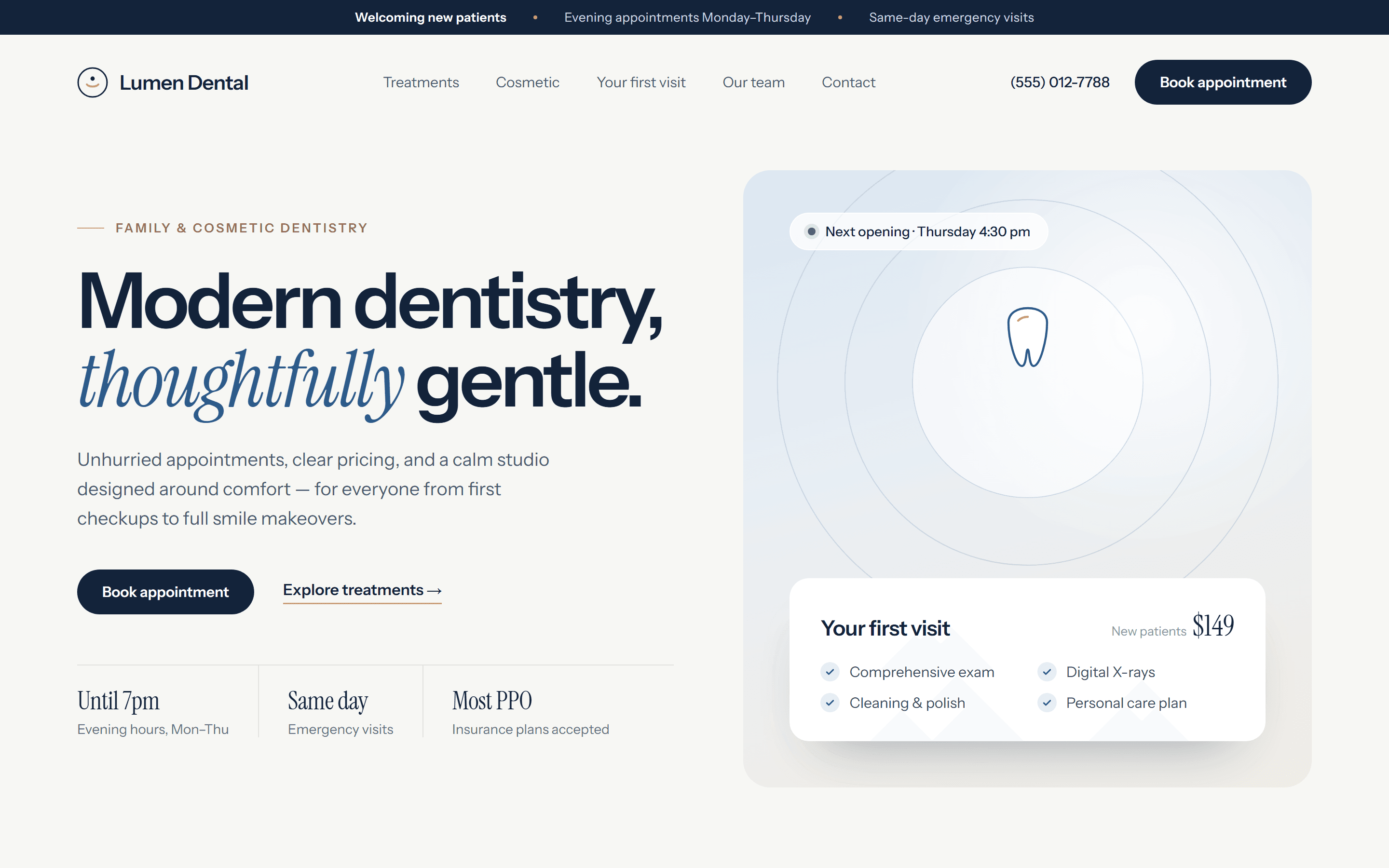 Concept homepage for Lumen Dental, a fictional dentist