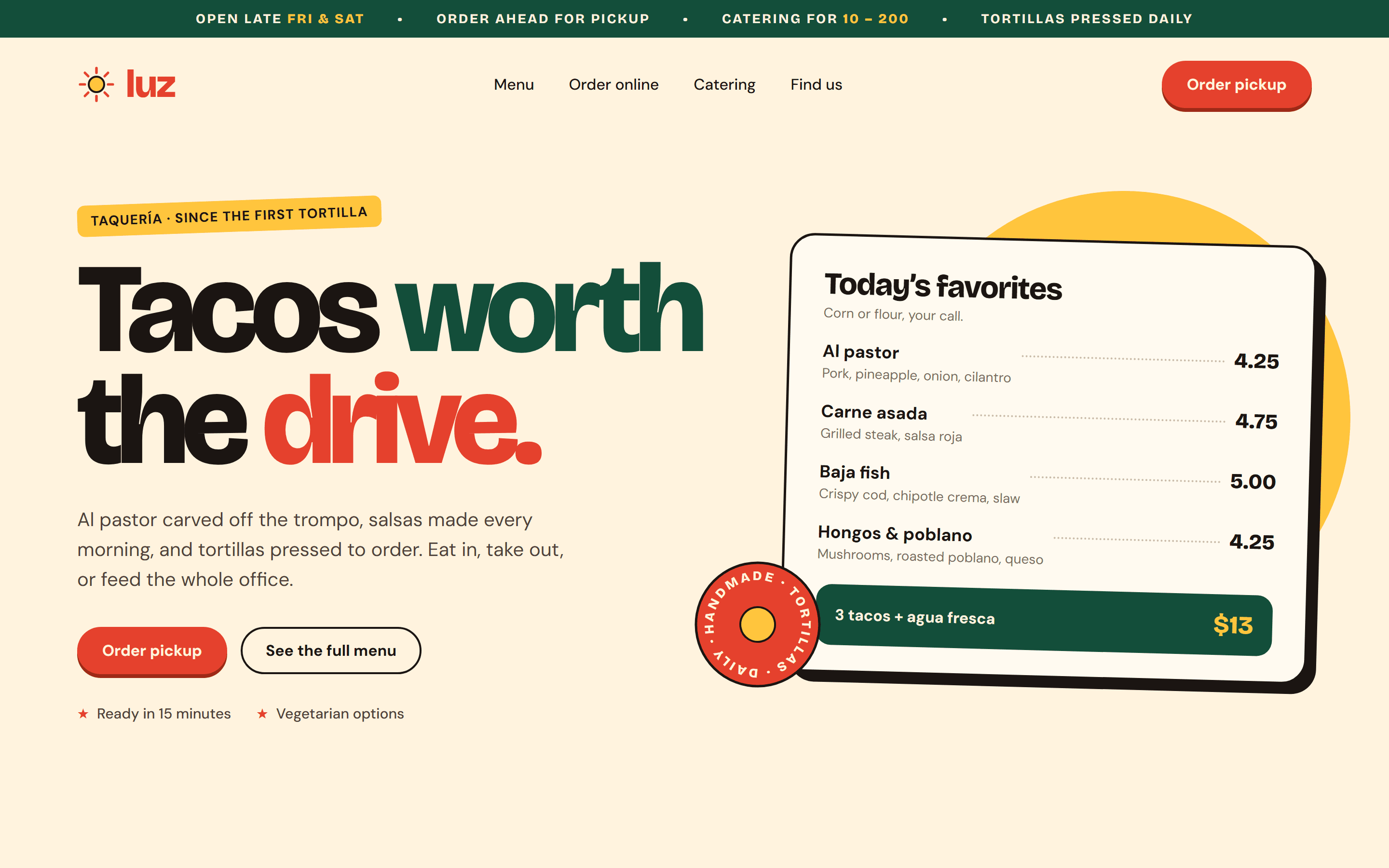 Concept homepage for Luz Taquería, a fictional food spot