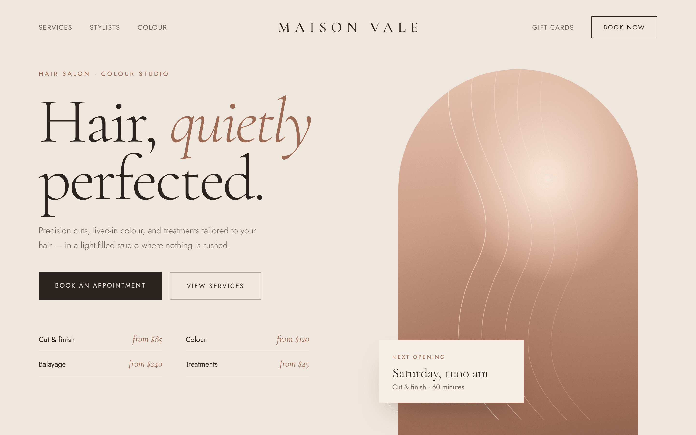 Concept homepage for Maison Vale, a fictional hair salon